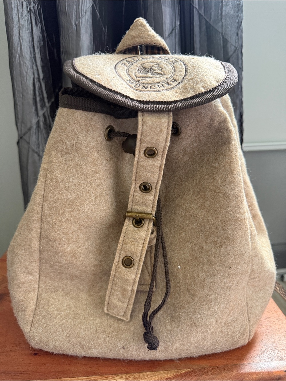 Casual Tan Felt Drawstring Backpack with Front Strap